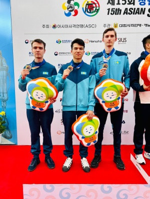 Ilya Zoteev, Andrey Khudyakov, Asadbek Nazirkulev won a silver medal in the team exercise VP-12 at the Asian Shooting Championships