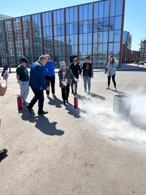 On 05/06/2023, after the community work day held on the territory of the Cycling Track, the Athletics Sports Complex, at the State Enterprise "Astana Olympic Training Center", classes were held with employees of enterprises on the use of primary fire extinguishing equipment (fire extinguishers of the OP-5 brand)